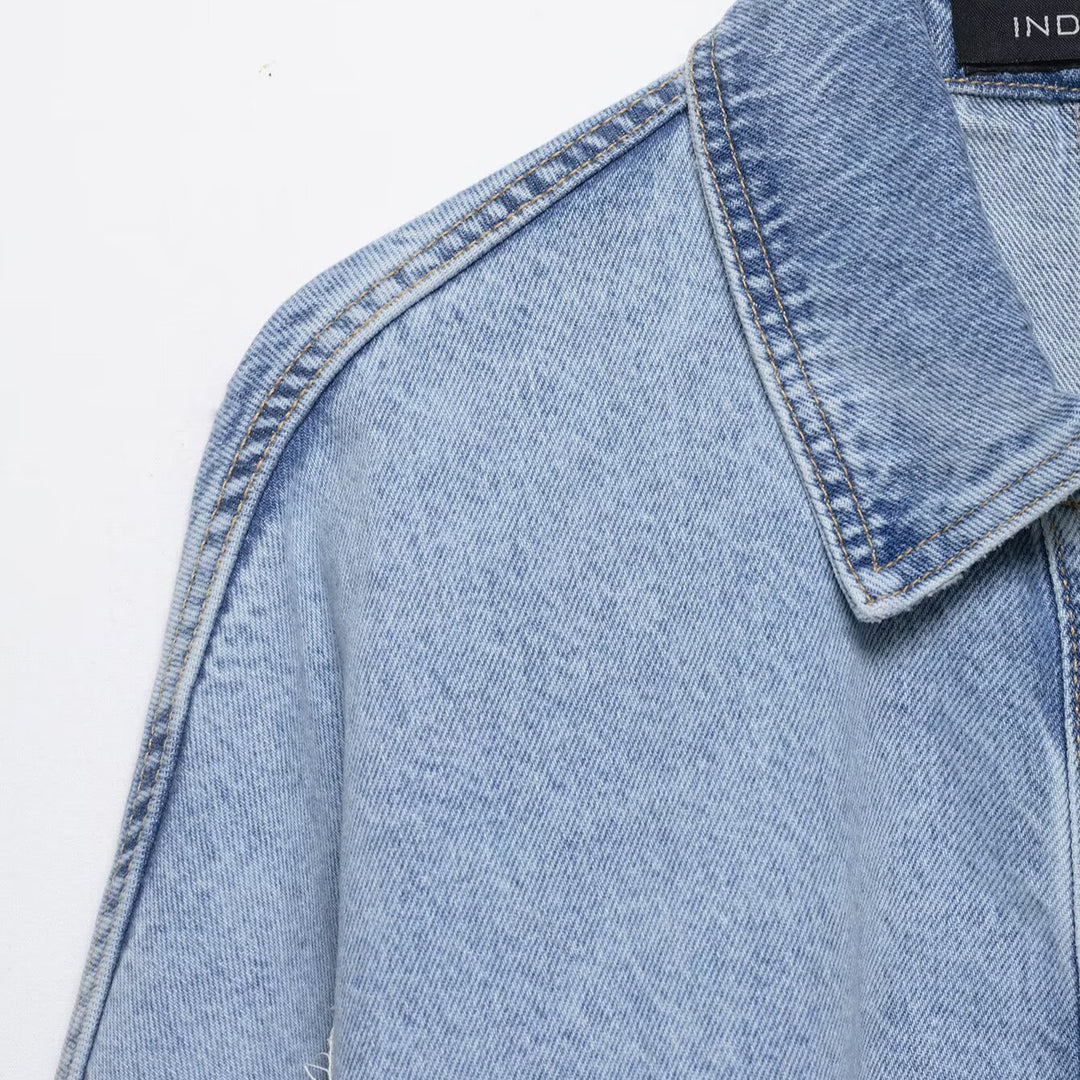 Damen Kurz geschnittene Oversize-Jeansjacke mit Spitzendetail und Fledermausärmeln Drune