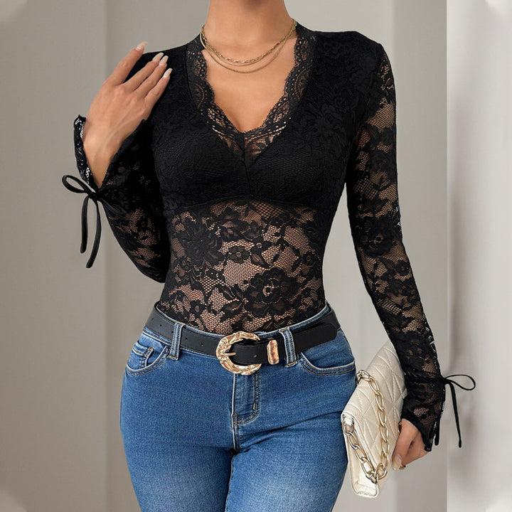Damen Figurbetonter Spitzen-Body mit semi-transparentem Blumenmesh, V-Ausschnitt & Bindärmeln Drune