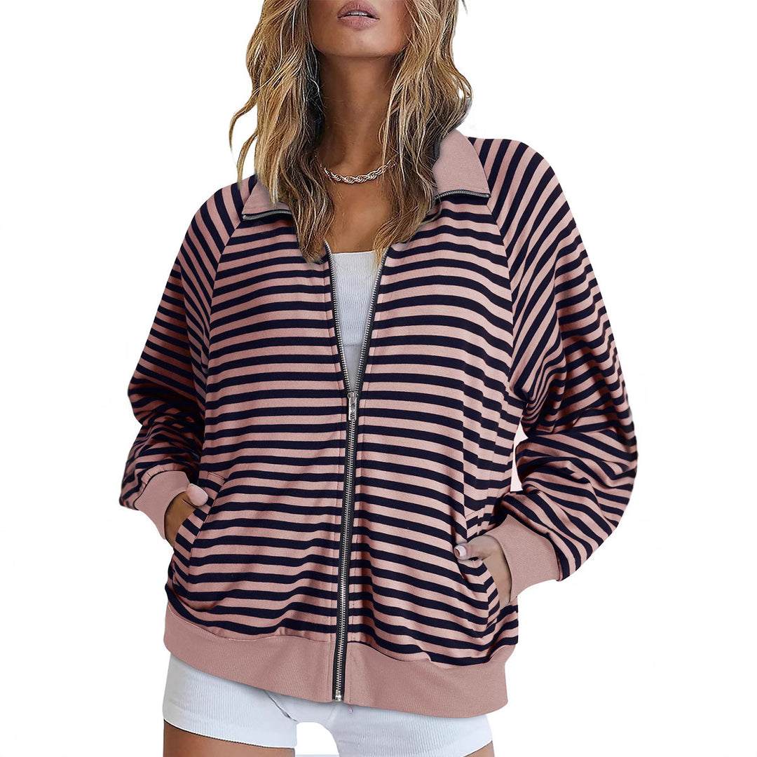 Damen Gestreifte Zip‑Jacke mit Reißverschluss, Raglanärmeln und Rippbündchen Drune