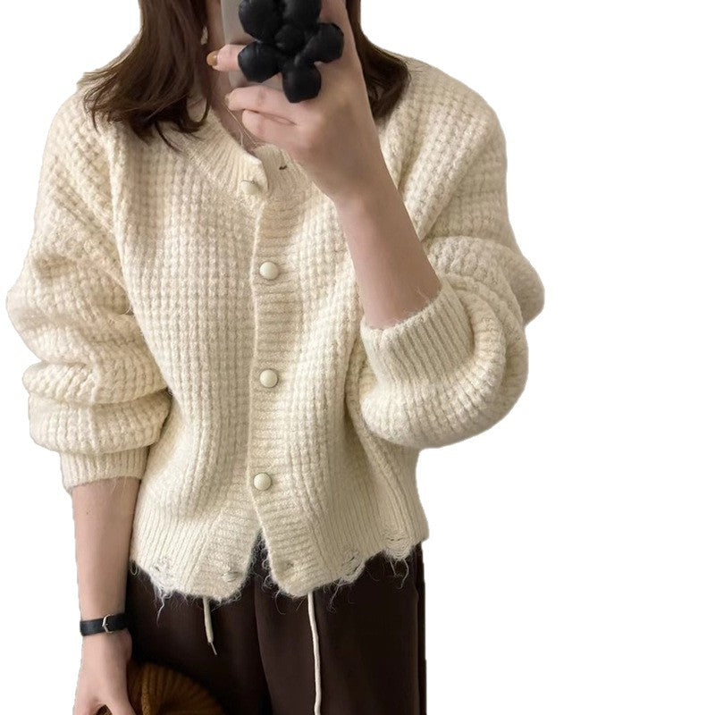 Damen kuschelige Strickjacke mit knopfverzierung und voluminösen Ärmeln Drune