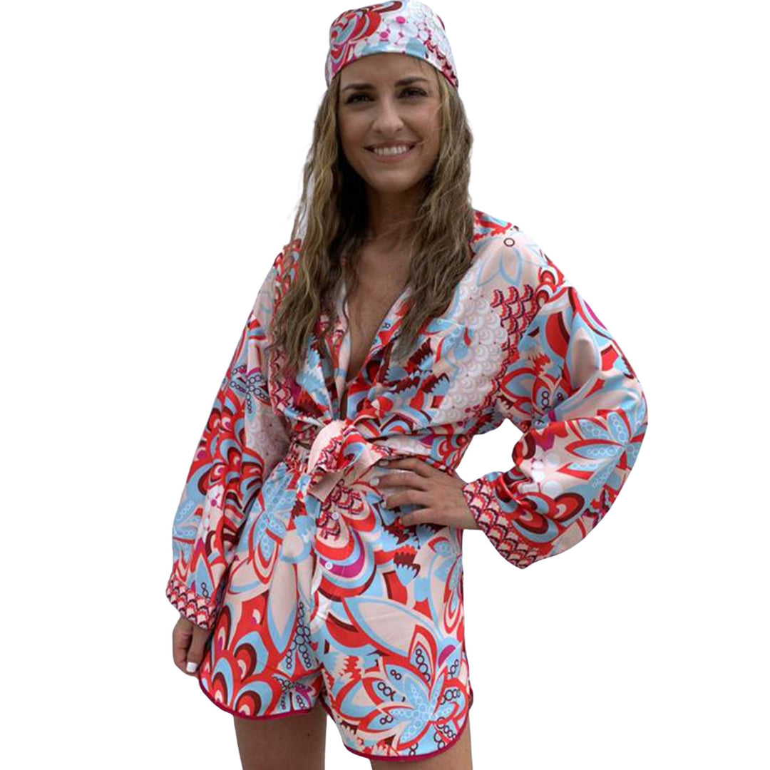 Damen Blusen-Shorts-Set mit modischem Druck und Schleifenkragen Drune