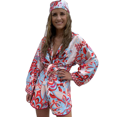 Damen Blusen-Shorts-Set mit modischem Druck und Schleifenkragen Drune