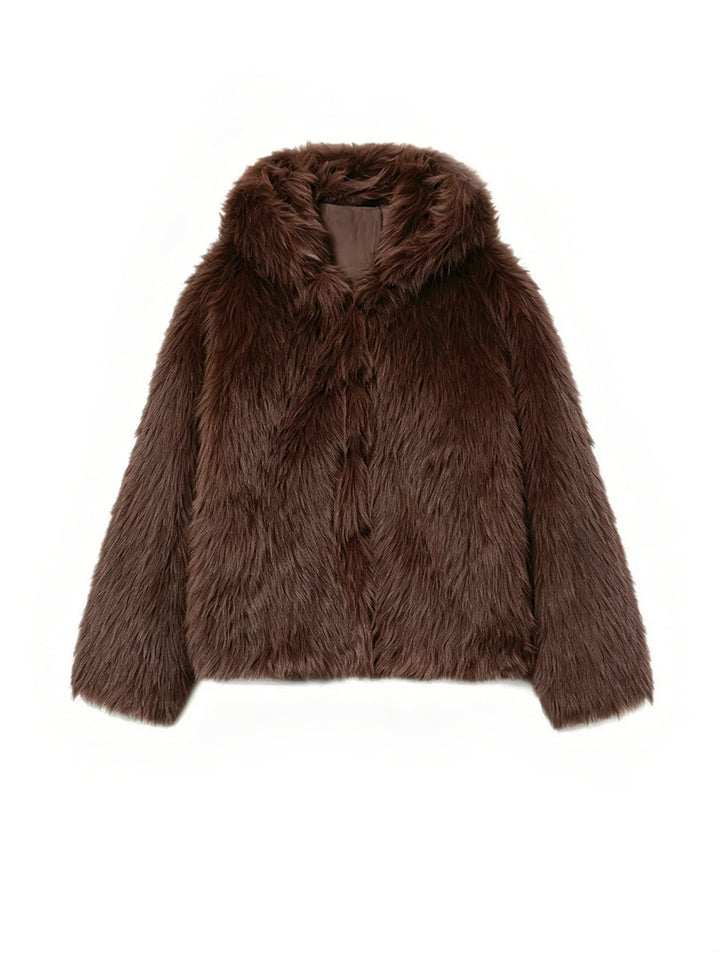 Damen Kurzblouson aus langfaserigem Shaggy‑Faux‑Fur mit hohem Schalkragen und klarer Boxy‑Silhouette Drune