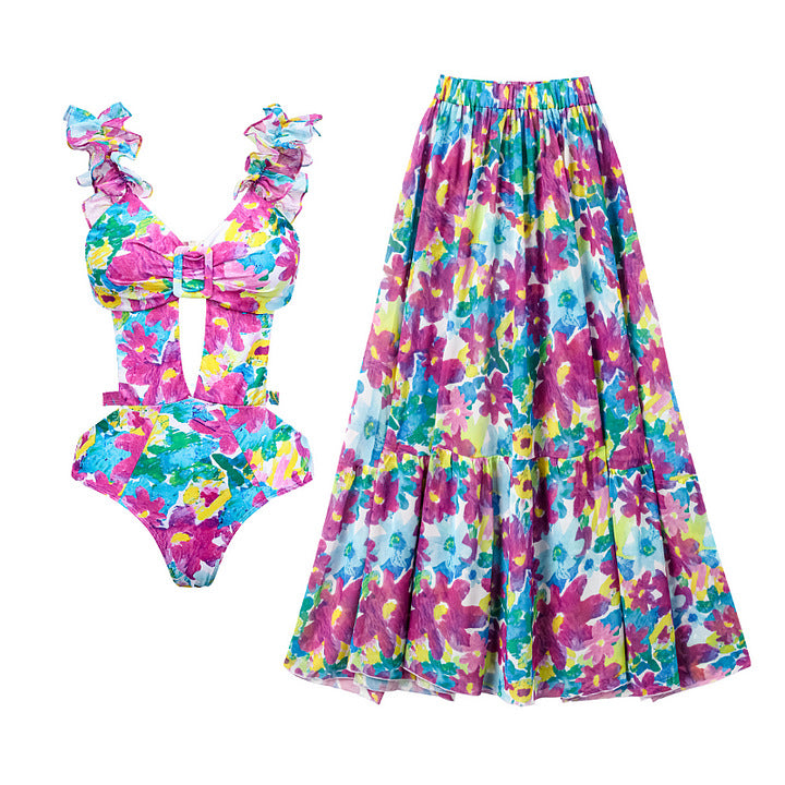 Damen Bikiniset mit voluminösen Rüschendetails und fließendem Maxi-Rock Drune