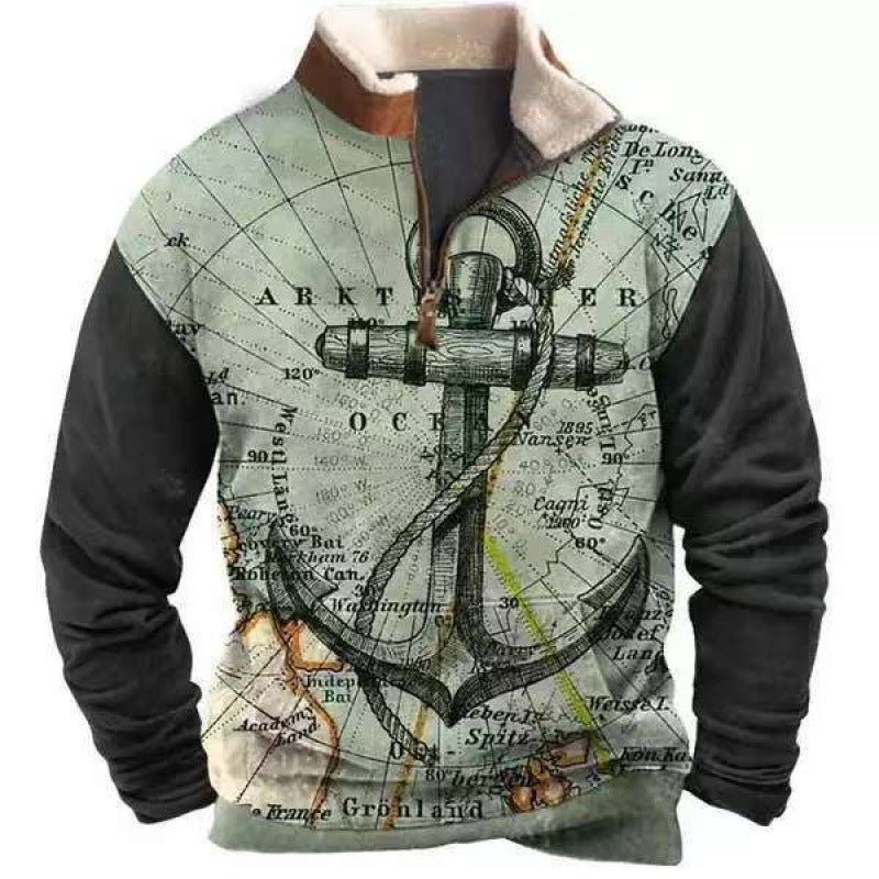 Herren Modischer Hoodie mit Kapuze und maritimem Druck Drune