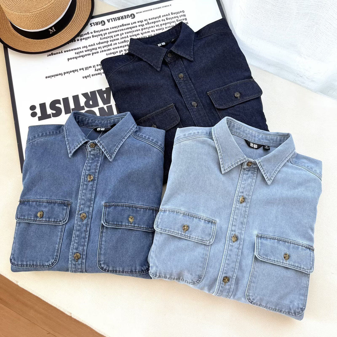 Damen Lässige Denim-Hemdbluse mit Brusttaschen Drune