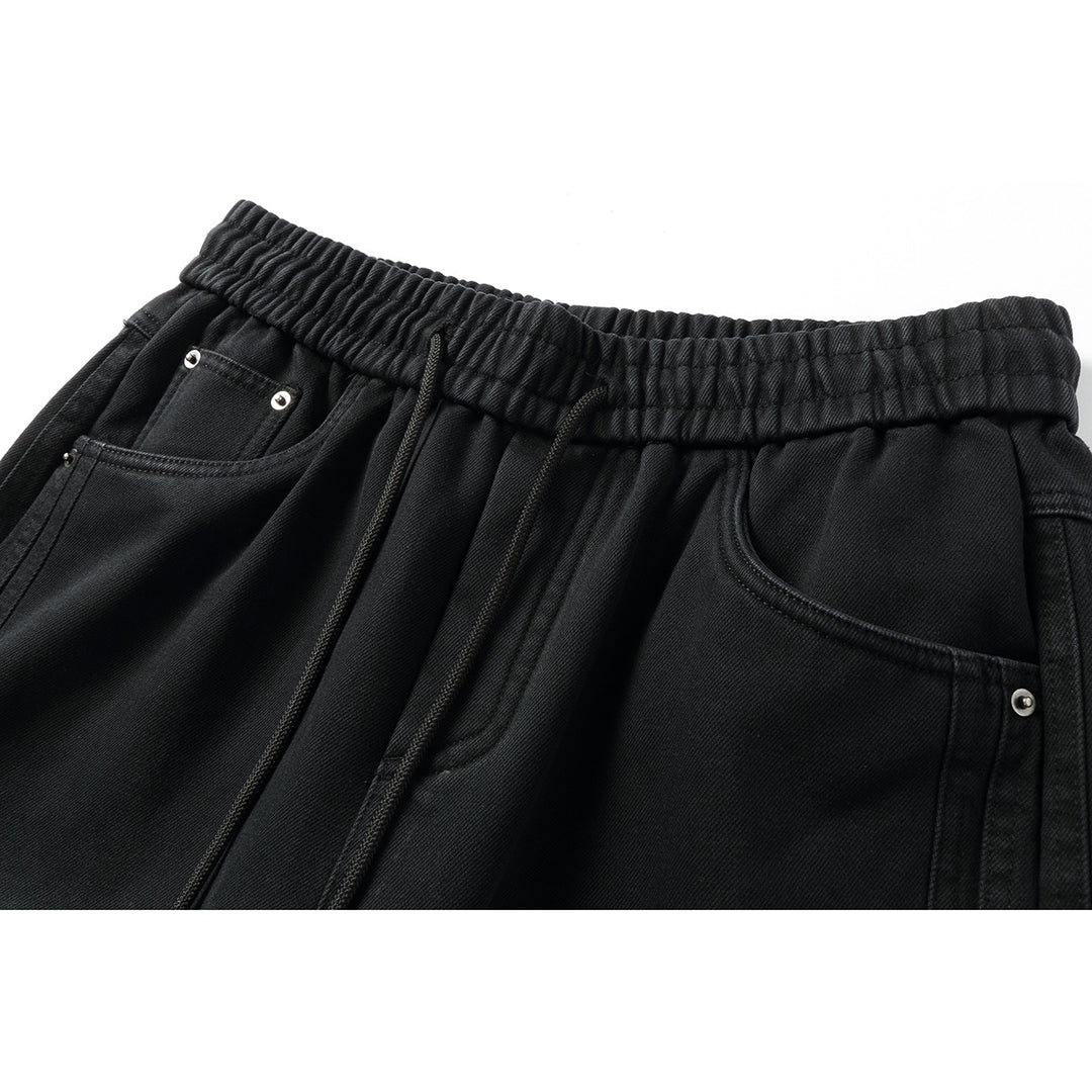 Damen Weite hochgeschnittene Jeanshose mit elastischem Bund, Kordelzug und Ziernähten Drune