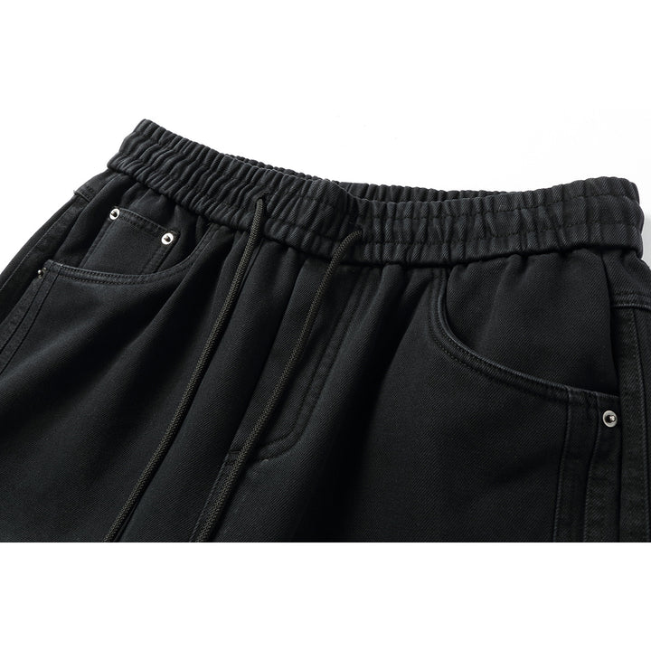 Damen Weite hochgeschnittene Jeanshose mit elastischem Bund, Kordelzug und Ziernähten Drune