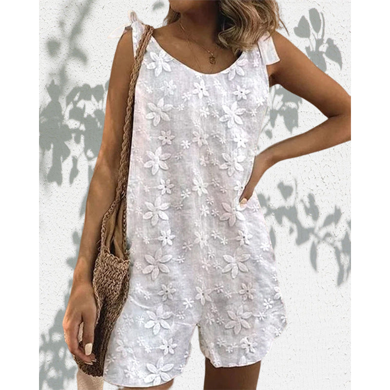 Damen nan leichter Kurzoverall mit floraler dreidimensionaler Stickerei, verstellbaren Bindeträgern und lockerer A-Linien-Silhouette Drune