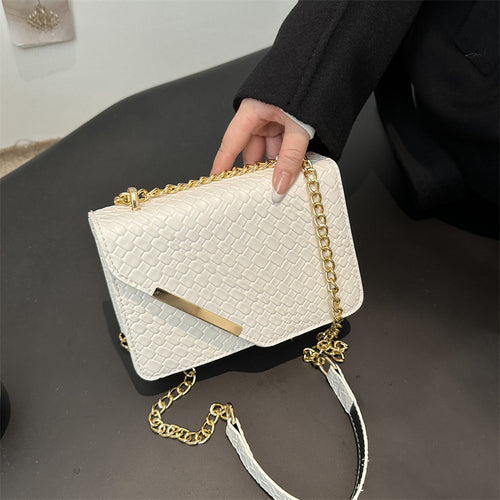 Damen elegante Umhängetasche mit geflochtenem Design und goldener Kette Drune