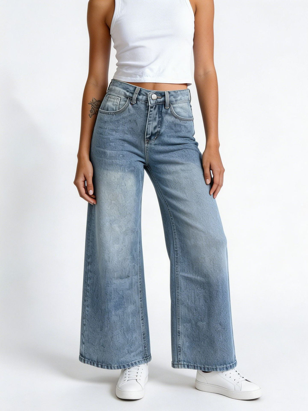 Damen nan hochgeschnittene Palazzo-Jeans mit extra weitem Bein und taillierendem Schnitt Drune