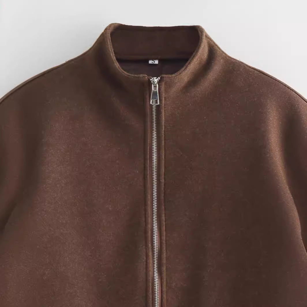 Damen nan kurz geschnittene Wolloptik-Zipjacke mit Stehkragen und Oversize-Ärmeln Drune