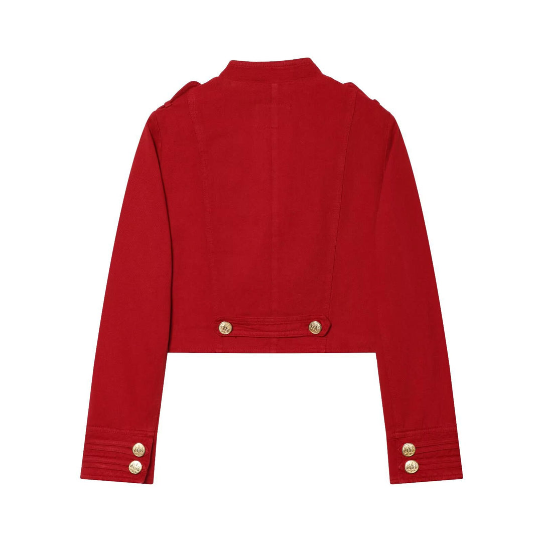 Damen Kurze Militärblazer-Jacke mit Stehkragen und goldenen Zierknöpfen Drune