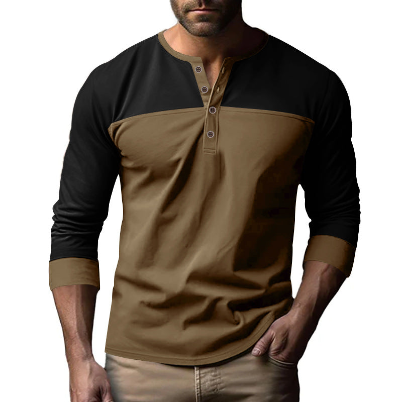 Herren Modernes Henley-Shirt mit Farbblock-Schulterpartie und Halbknopfleiste Drune