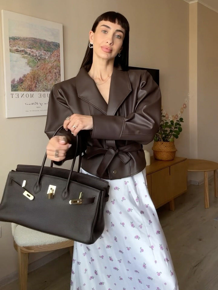Damen Kurzblazer aus veganem Leder mit Taillengürtel Drune
