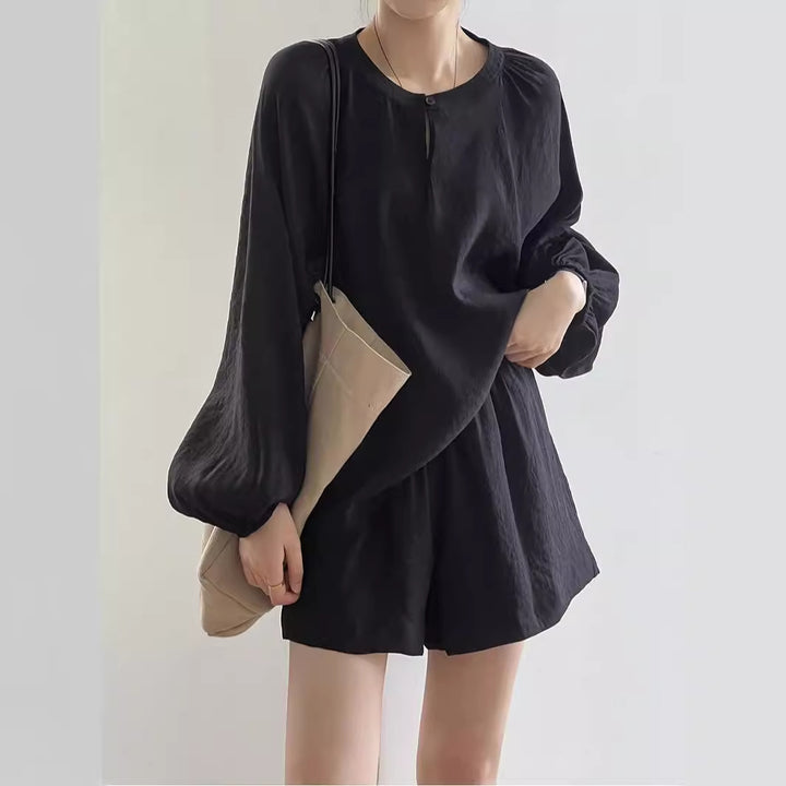 Damen Lockeres Leinen-Set mit Rundhalsausschnitt, Schlitzbluse und weiten Shorts Drune