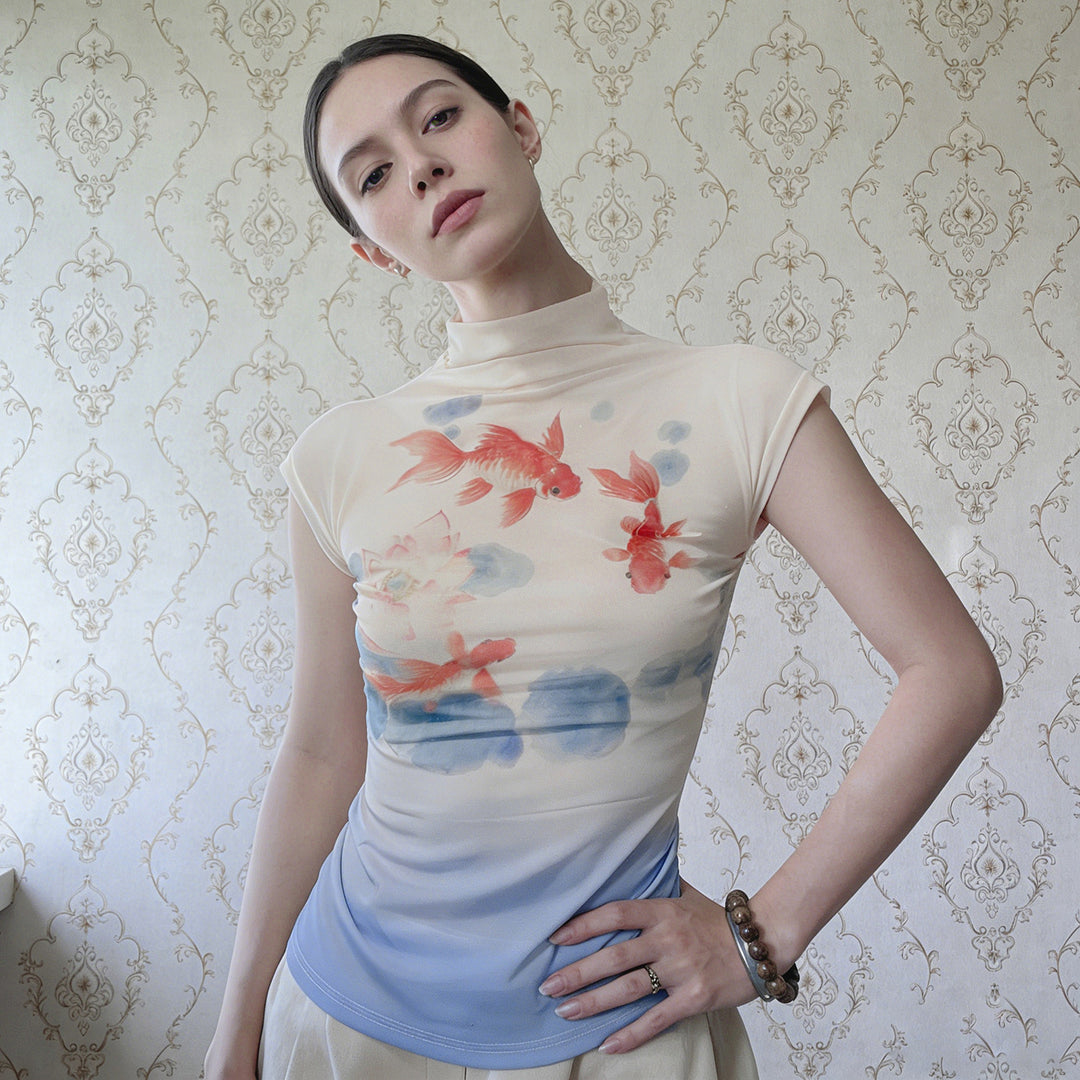 Damen Kurzarmshirt mit floralem Motiv und hochgeschlossenem Kragen Drune