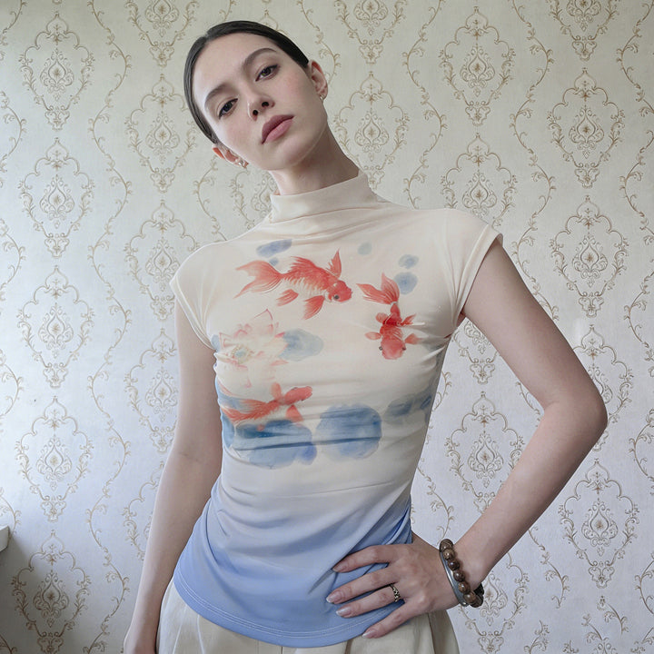 Damen Kurzarmshirt mit floralem Motiv und hochgeschlossenem Kragen Drune