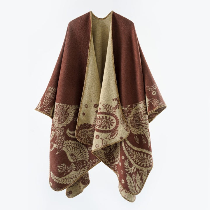 Damen Reversibler Jacquard-Capeponcho aus Wollmix mit Paisley-Motiv und offenem Fall Drune