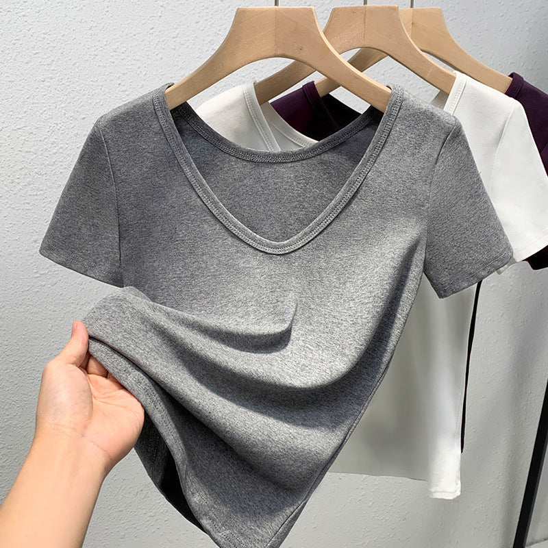 Damen V-Ausschnitt Basic T-Shirt aus weichem Stretchmaterial mit figurbetonter Passform Drune