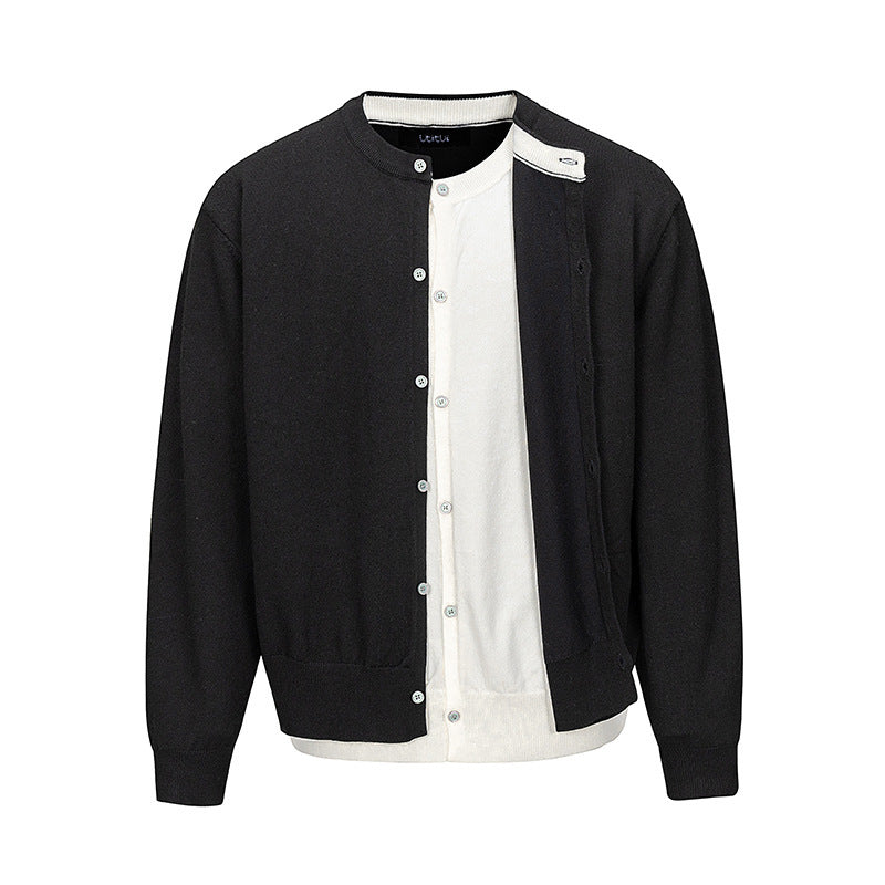 Herren Feinstrick-Cardigan mit zweilagiger Optik, Rundhalsausschnitt und durchgehender Knopfleiste Drune