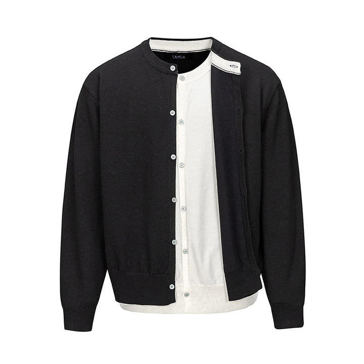 Herren Feinstrick-Cardigan mit zweilagiger Optik, Rundhalsausschnitt und durchgehender Knopfleiste Drune