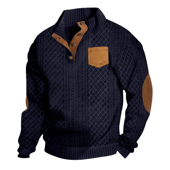 Herren Strukturiertes Kabelstrick-Sweatshirt mit Halbknopfblende, Kunstleder‑Patchtasche & Ellbogenpatches Drune
