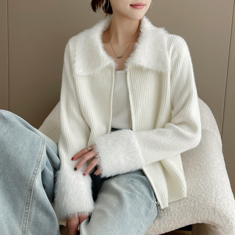 Damen Strickjacke mit luxuriösem Kunstfellkragen und Rippstrick Drune