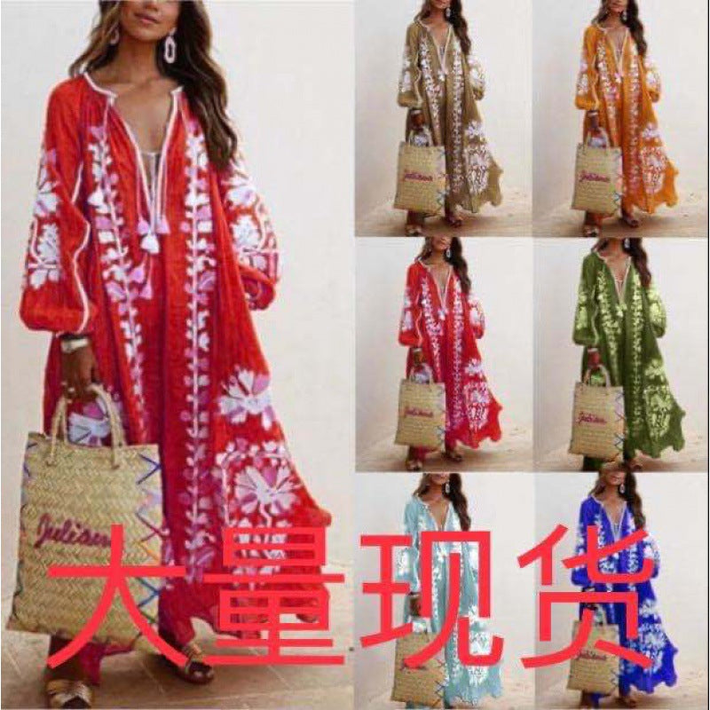 Damen Besticktes Boho-Maxikleid mit Ballonärmeln und Quastenverschluss Drune
