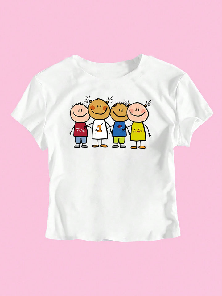 Damen Crop-T-Shirt mit kreativem Kinderzeichnungsmuster Drune