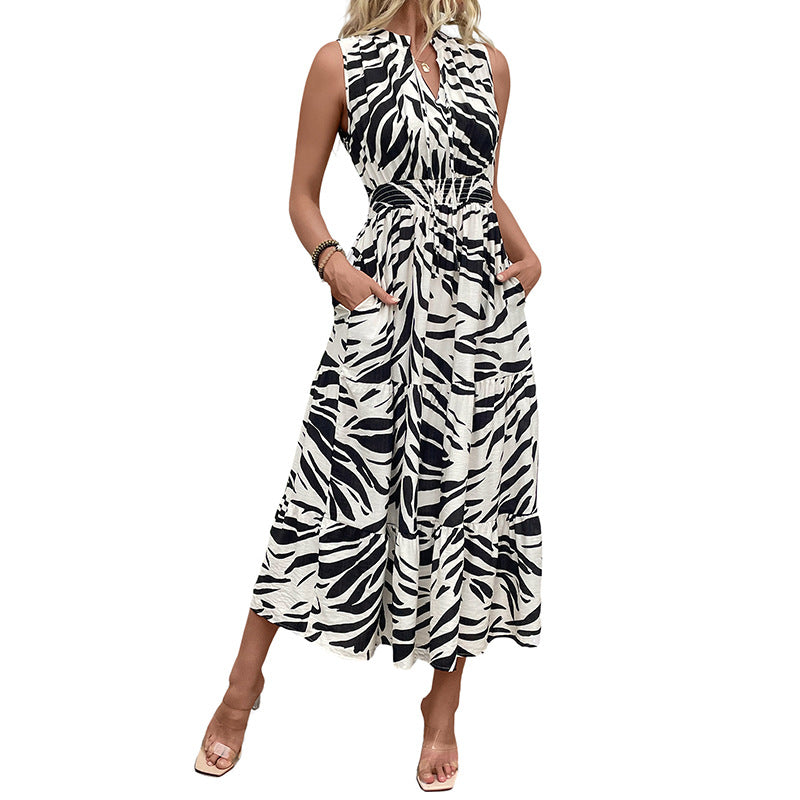 Damen Maxikleid mit voluminösem Rock und modischem Zebramuster Drune