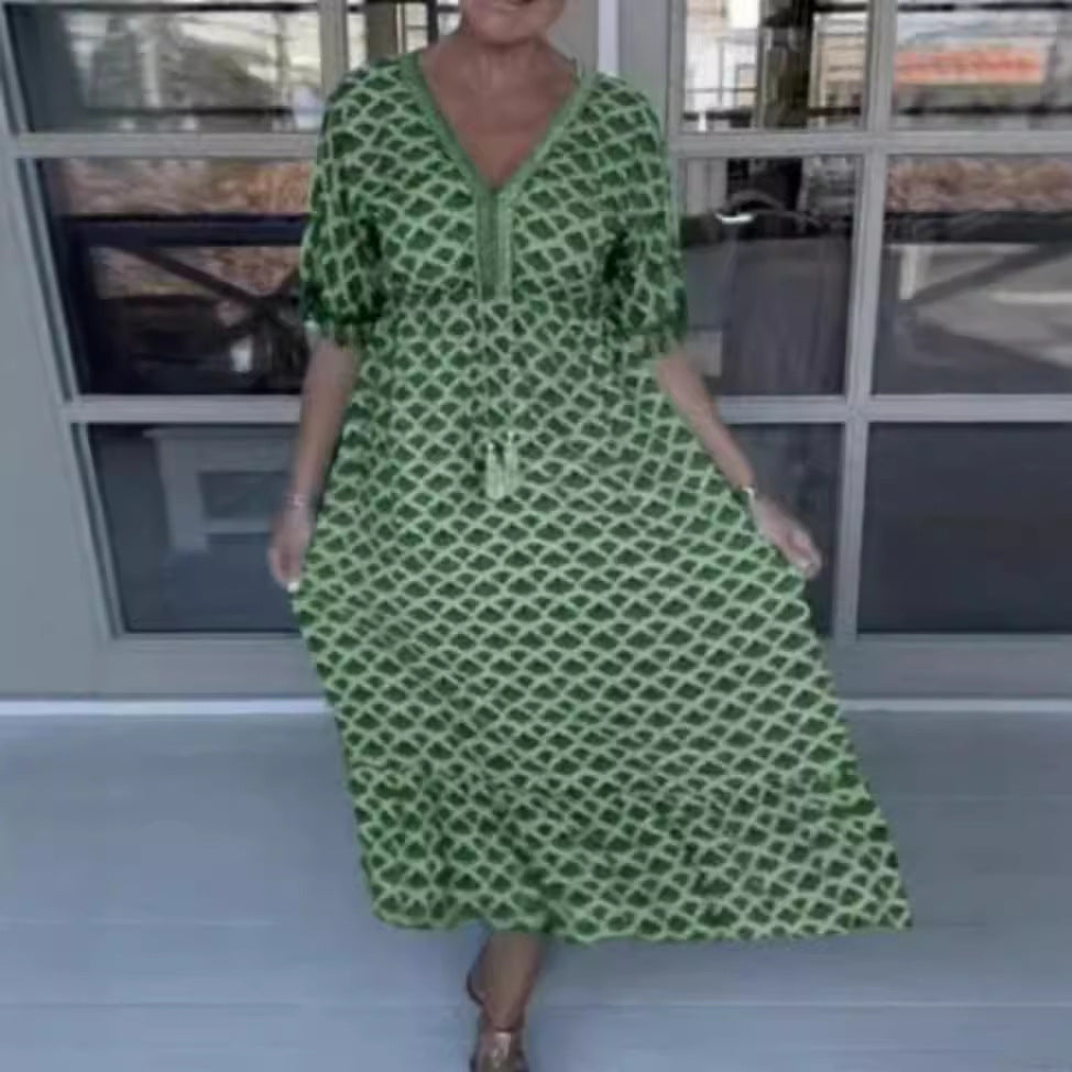 Damen nan lässiges V-Ausschnitt Strandkleid mit Quastenbindeband und Volantrock Drune