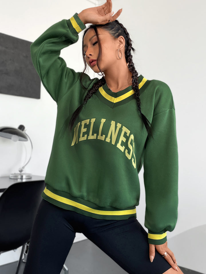 Damen Sweatshirt mit V-Ausschnitt und kreativem Wellness-Print Drune