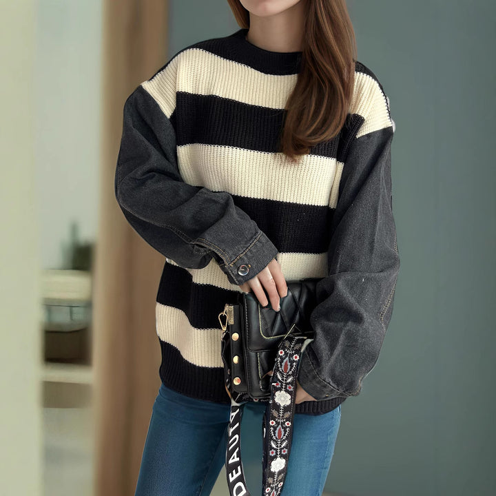 Damen lässiger Strickpullover mit auffälligem Blockstreifenmuster und weiten Ärmeln Drune