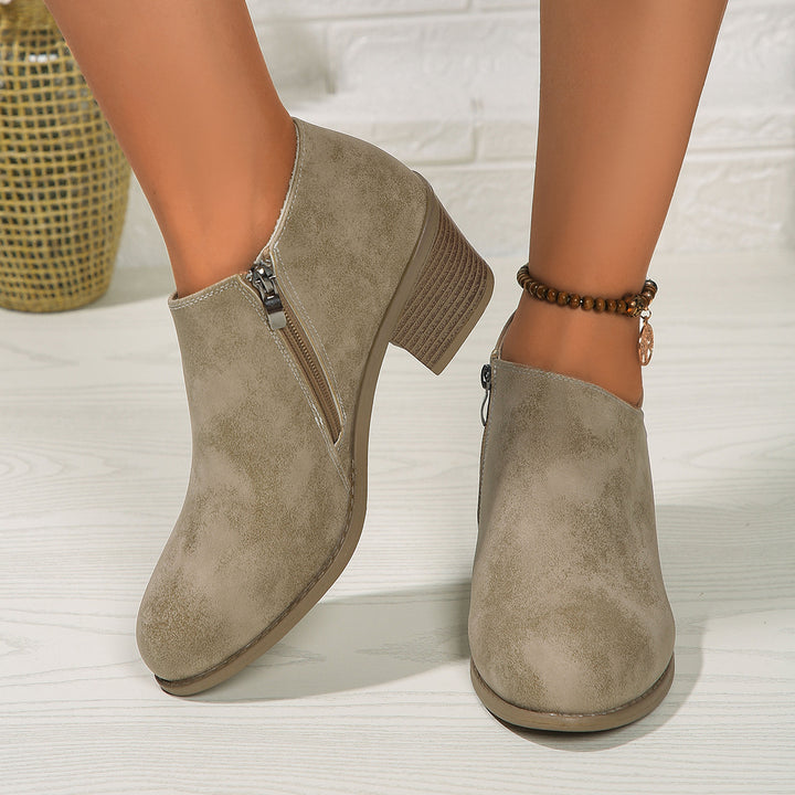 Damen kurze Stiefelette mit seitlichem Reißverschluss gepolstertem Komfortfußbett und stabilem Blockabsatz Drune
