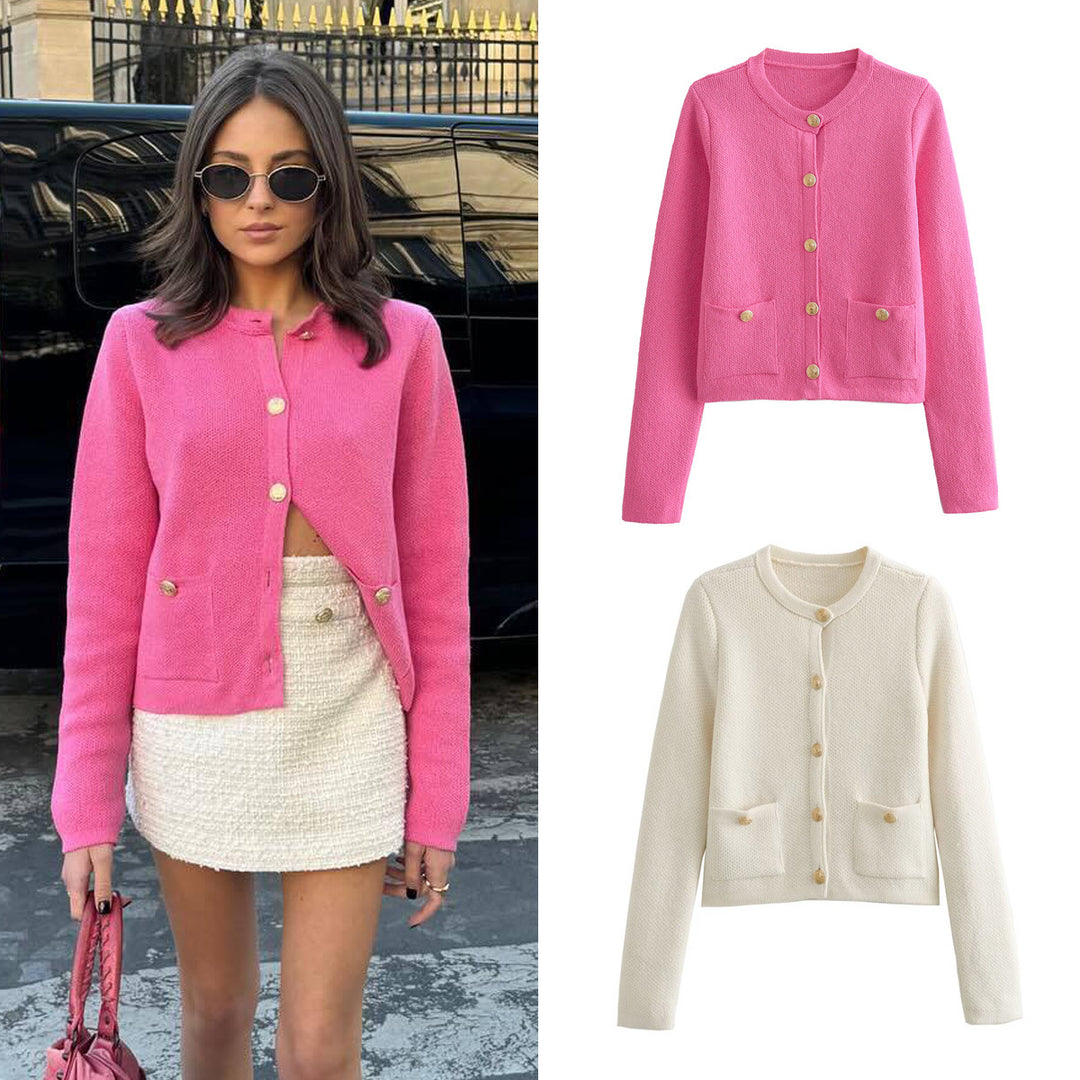 Damen Kurzgeschnittener Bouclé-Cardigan mit Rundhals, Pattentaschen und Münzknöpfen Drune