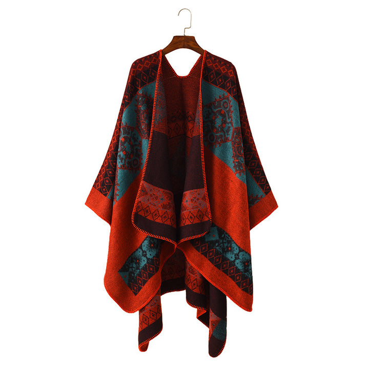 Damen Oversize Poncho aus Jacquard-Strick mit geometrischem Ethno‑Muster Drune