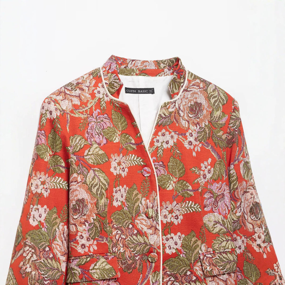 Damen floral gewebte Jacquard‑Bouclé Kurzjacke mit Stehkragen Drune
