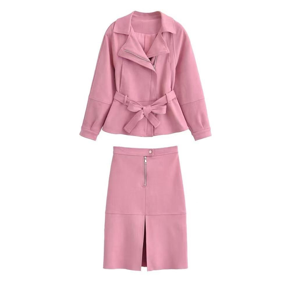 Damen Kurzjacke mit Taillengürtel, asymmetrischem Revers und Peplum-Saum Drune
