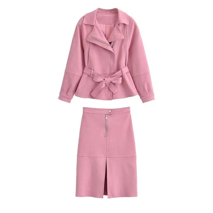 Damen Kurzjacke mit Taillengürtel, asymmetrischem Revers und Peplum-Saum Drune
