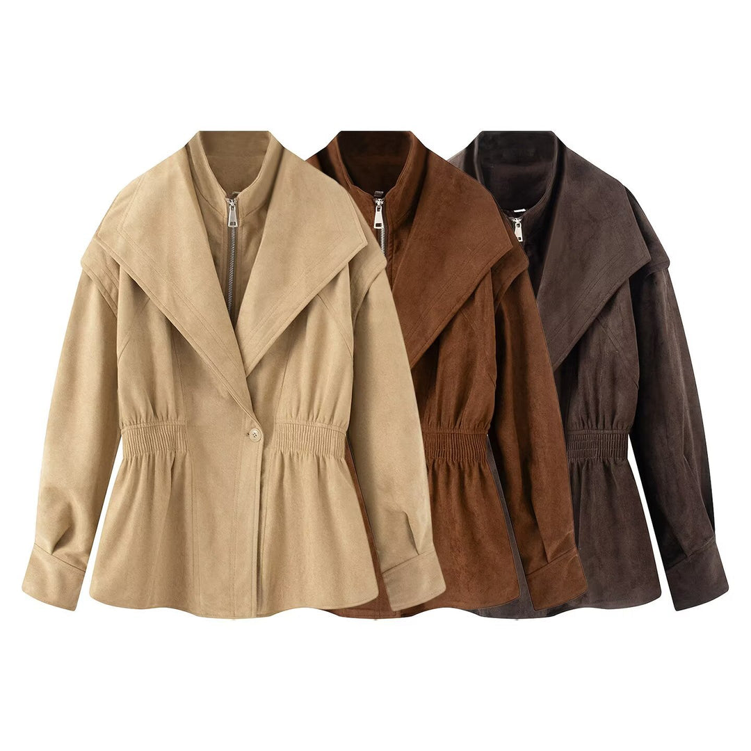 Damen Kurzjacke aus Veloursimitat mit weitem Schalkragen und Taillenraffung Drune