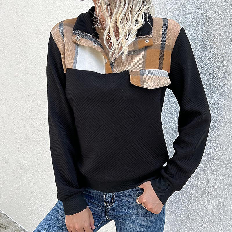 Damen Gestepptes Sweatshirt mit Karobesatz, Stehkragen und Druckknopfleiste Drune