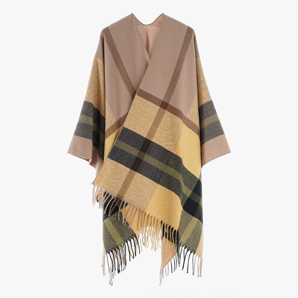 Damen Übergroßer Poncho mit Fransen und Karomuster Drune
