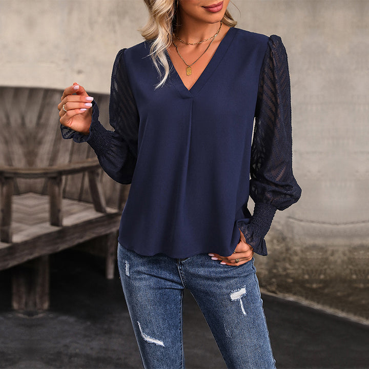 Damen Lockeres V-Ausschnitt-Chiffonblusenshirt mit transparenten Ballonärmeln und Smokbündchen Drune