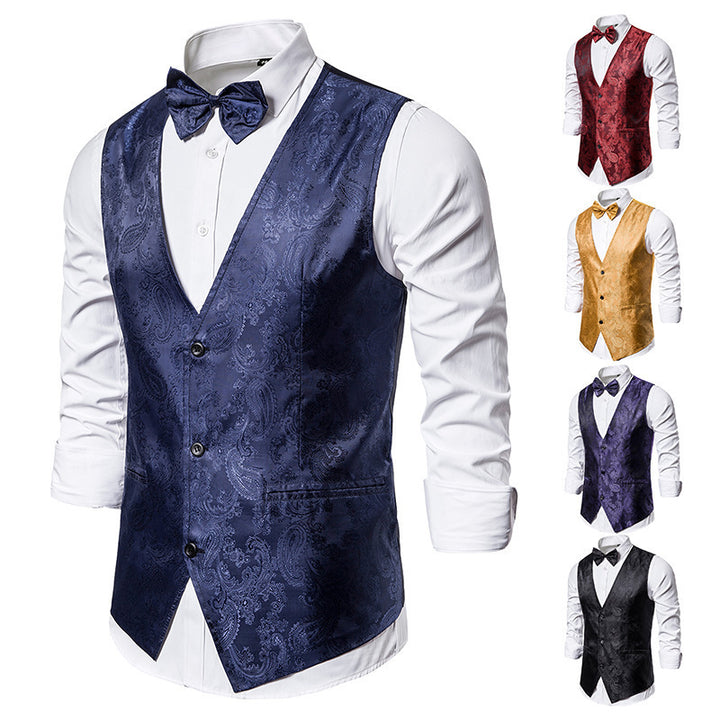 Herren nan taillierte Satinweste mit ornamentalem Jacquardmuster, V-Ausschnitt und drei Knöpfen Drune