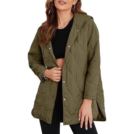 Damen gesteppte Kapuzenjacke mit Oversize-Schnitt, Druckknopfverschluss und Seitenschlitzen Drune