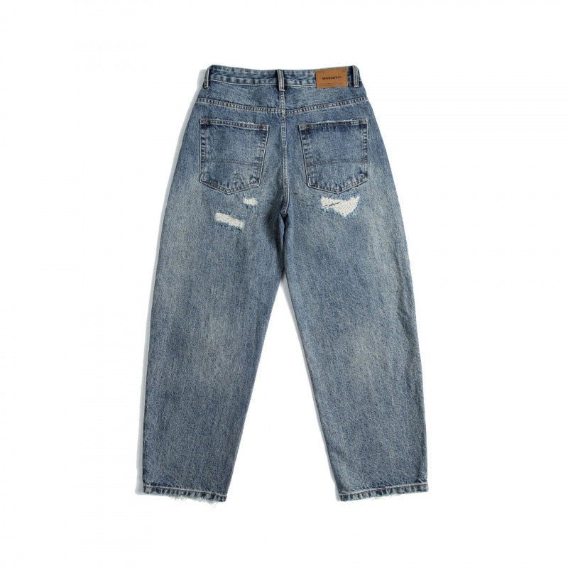 Damen High‑Waist Mom‑Jeans mit weitem Bein, Used‑Waschung und Destroyed‑Details Drune