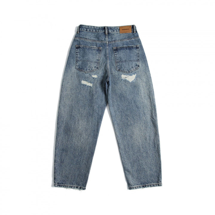 Damen High‑Waist Mom‑Jeans mit weitem Bein, Used‑Waschung und Destroyed‑Details Drune