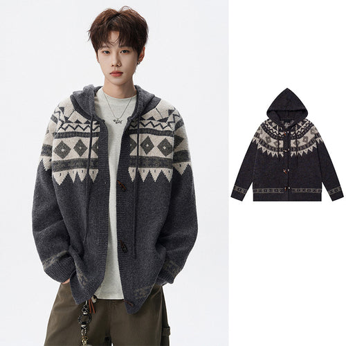Herren Strickjacke mit Kapuze und grafischem Muster Drune