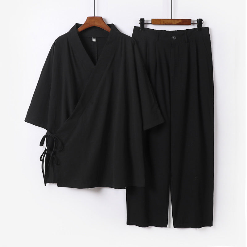 Unisex Kimono-Freizeit-Set mit Wickeloberteil und elastischer Bundhose Drune